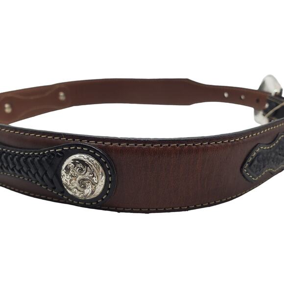 Justin Brown Black Leather Belt Braided Western Conchos Silver Tooled Buckle 30 - Picture 8 of 13